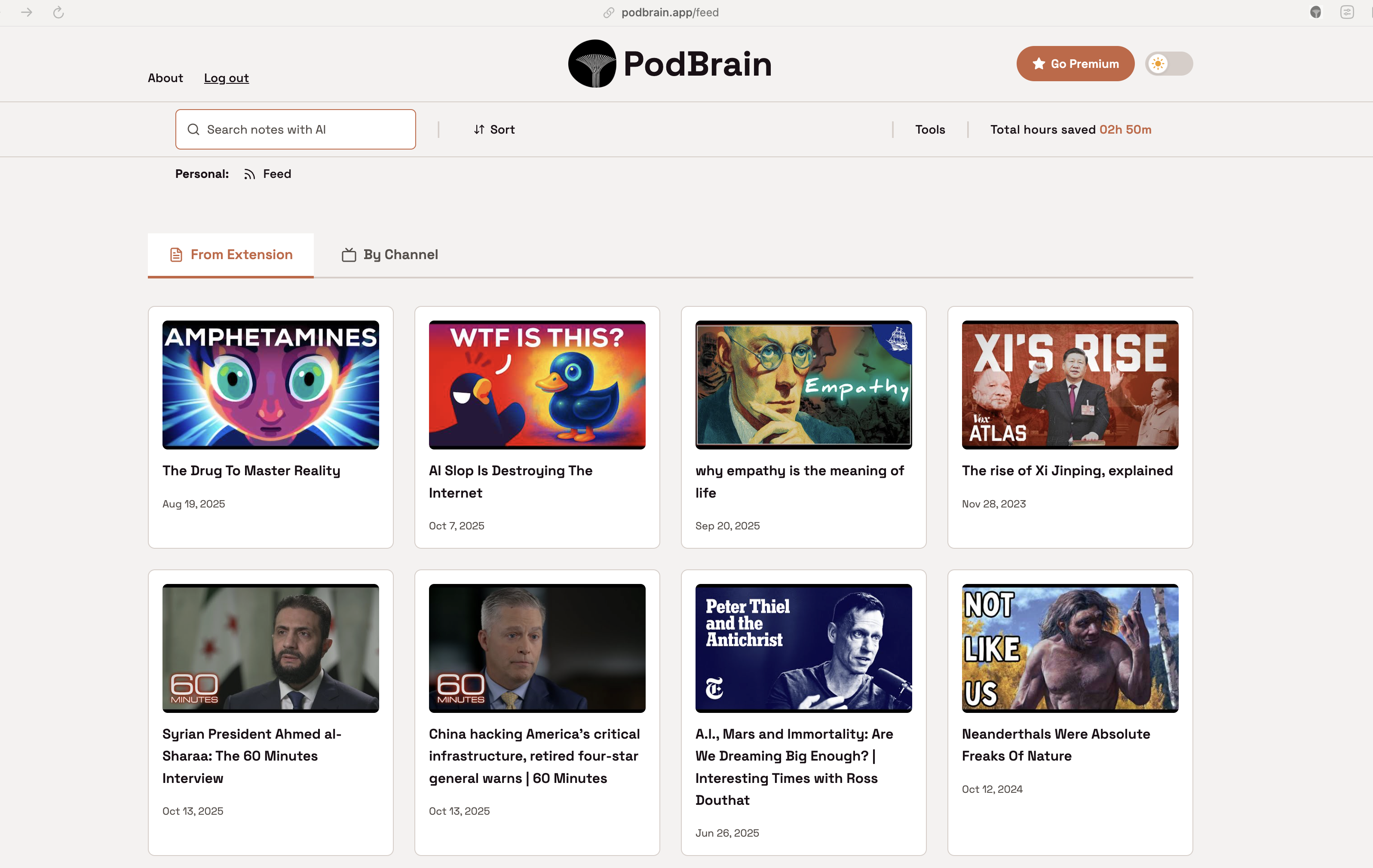 PodBrain feed showing captured transcripts with AI summaries