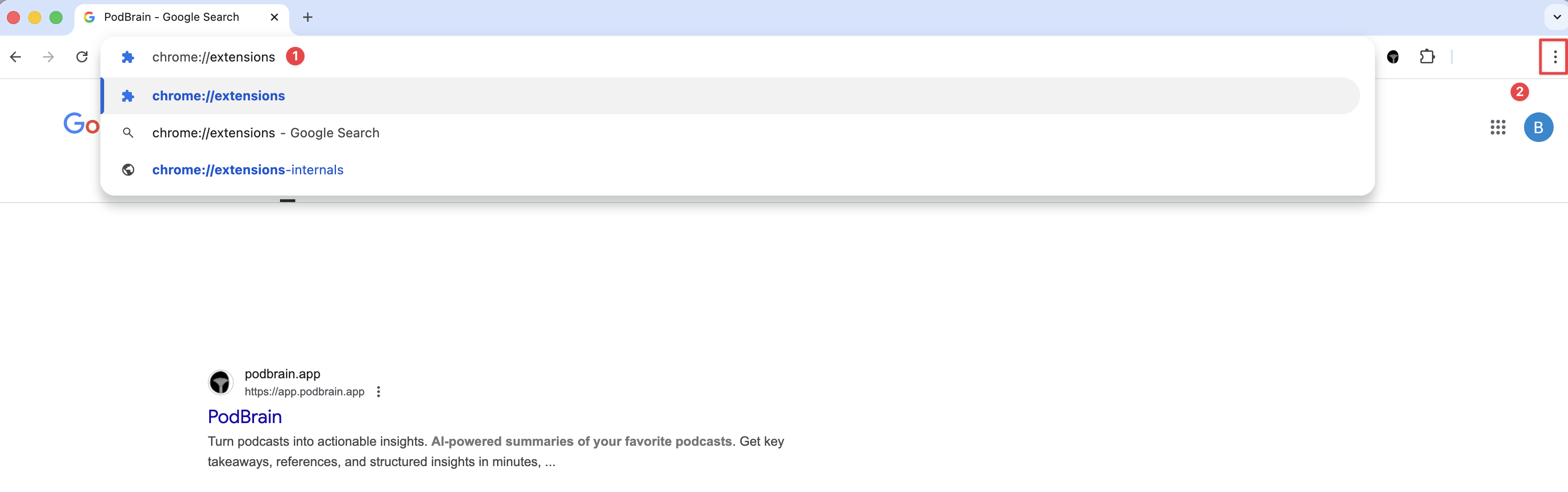 Opening Chrome extensions page